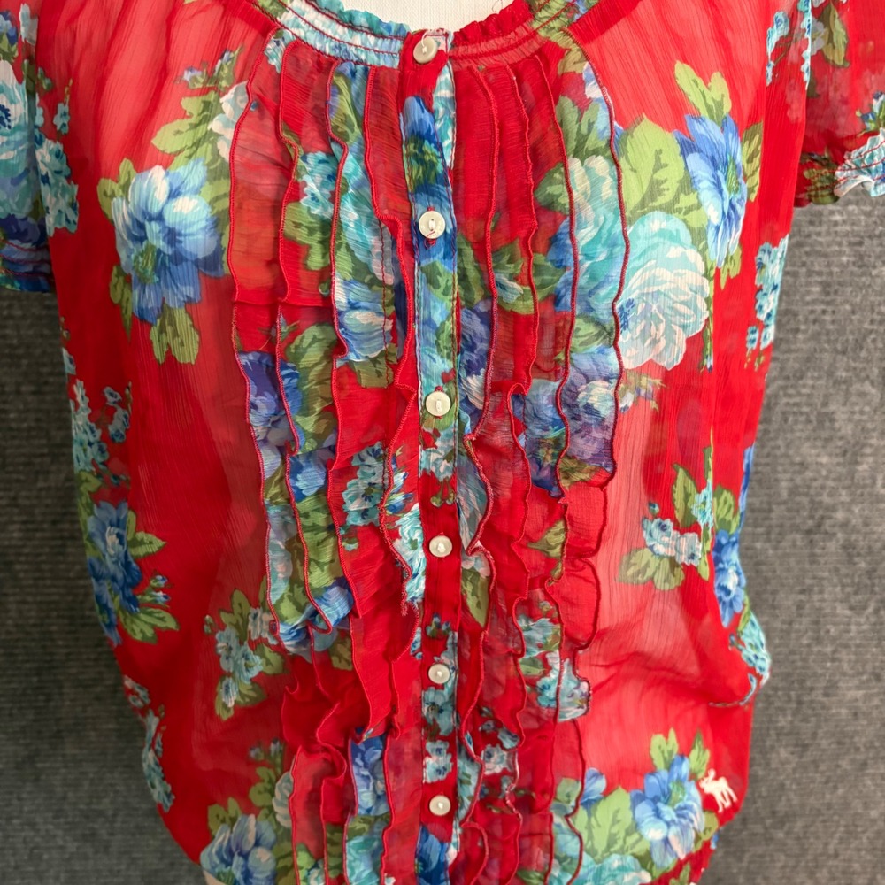 Abercrombie & Fitch Floral Ruffle Blouse Womens L Red Sheer Y2K Boho - Picture 2 of 6